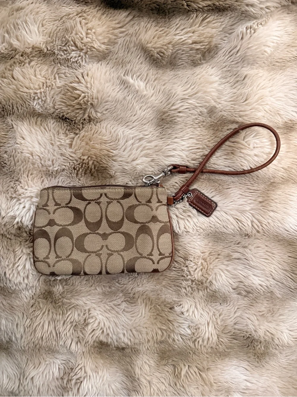 COACH Signature C Khaki Brown Canvas Wristlet | Leather Trim